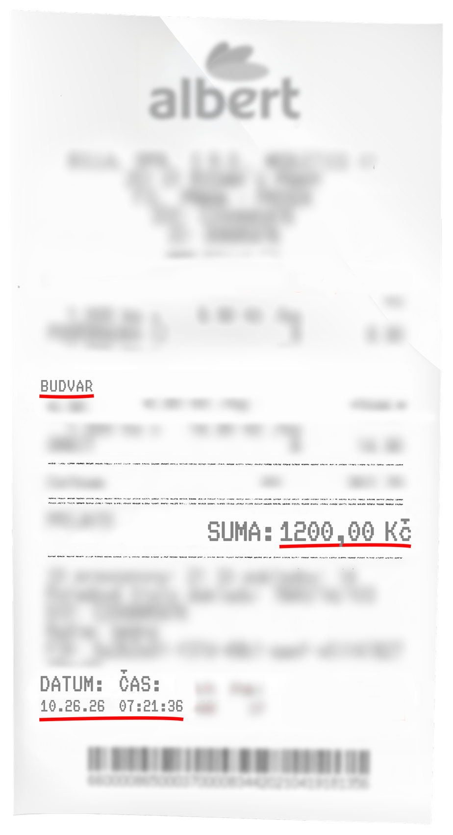 Vzorová účtenka s vyznačenými údaji