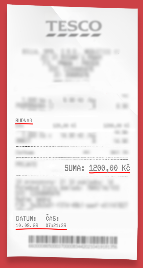 Vzorová účtenka s vyznačenými údaji